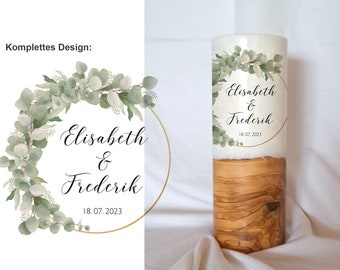 Vela de boda con diseño de madera "Eucalyptus left" con portavelas