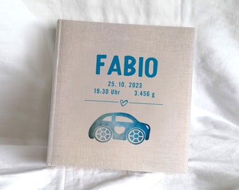 Fotoalbum Babyalbum personalisierbar echtes Leinen Taufe Geburt Geschenk Little Car Gold Silber Veredelung