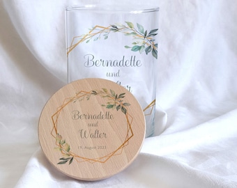 Sandzeremonie Glas mit Holzdeckel Hochzeitsbrauch Windlicht Design "Bernadette"