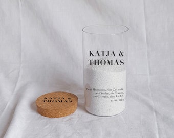 Vaso de ceremonia de arena con tapa de madera diseño de farolillo personalizado para boda "Tipografía"