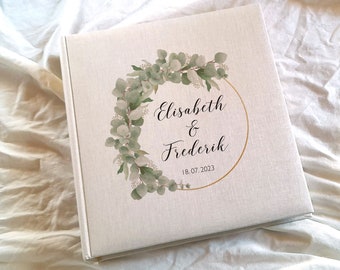 Fotoalbum Hochzeitsalbum *Eukalyptus links" personalisierbar echtes Leinen Gold Silber Veredelung