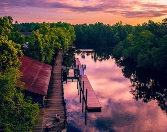 Waccamaw River Conway SC: Pink and Gold Riverwalk Sunrise Print