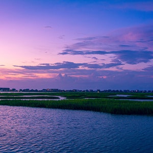 May include: A panoramic view of a marsh at sunset with a purple and blue sky. The water is calm and reflects the colors of the sky. There are green reeds in the foreground.