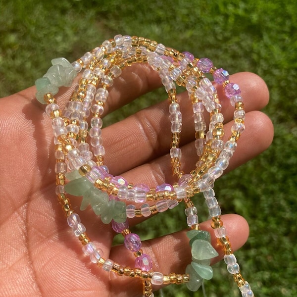 Prosperity Waist Bead| Money Waist Beads| Crystal Waist Bead| Aventurine Heart Chakra Pink Waist Bead| Green Tie on Waist Chain with clasp|