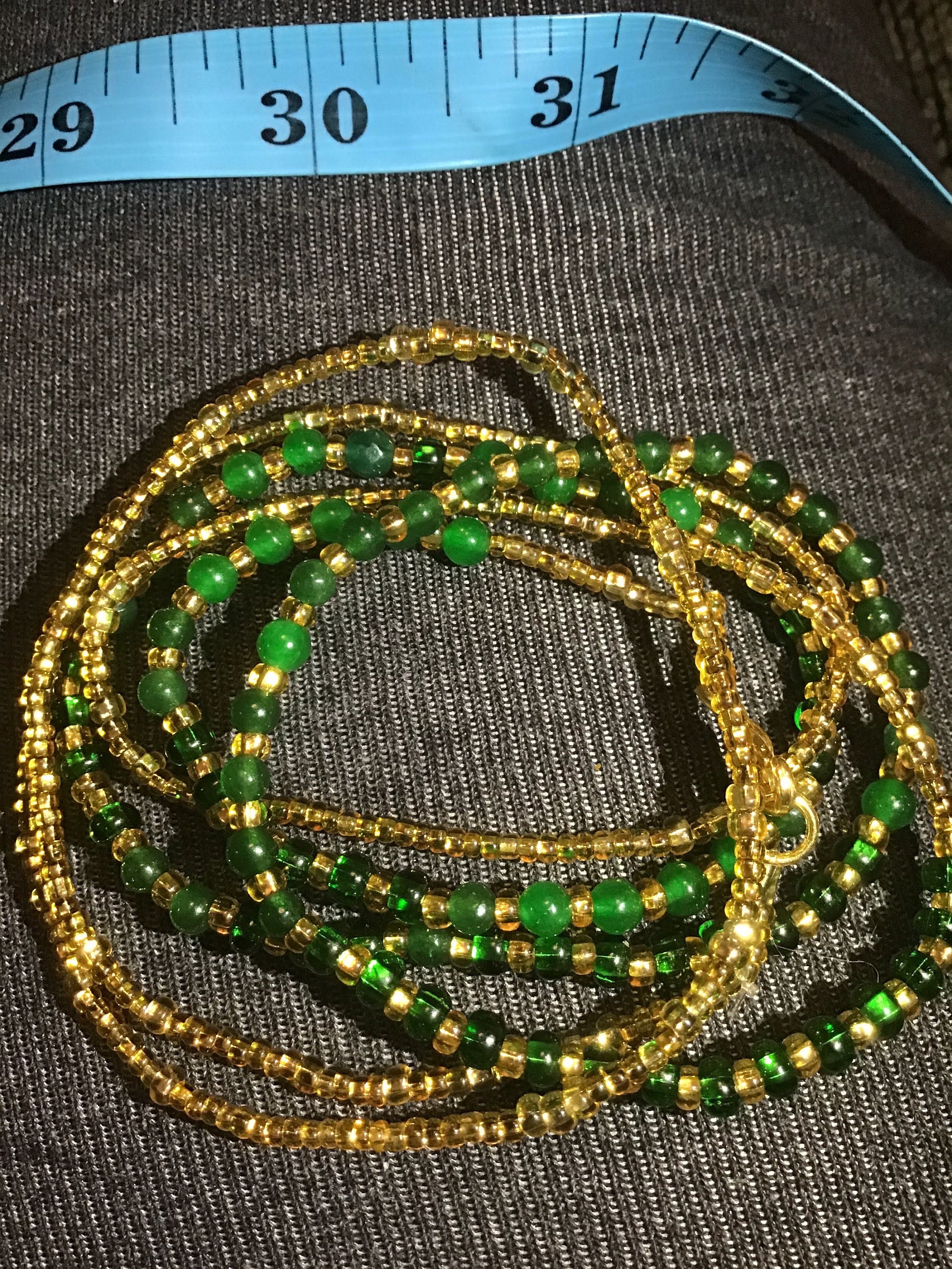Green Waist Beads, Waist Beads With Crystals Black Owned, Waist Beads Black  Own, Green Seed Beads With Gold and Crystals, Crystal Waist Bead 