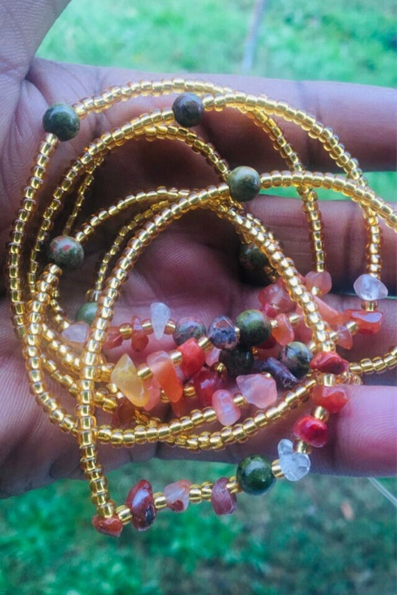 Carnelian and Unakite Waist Bead; Crystal waist bead; Crystal Body Chain; waist chain; African; Belly Beads; waist bead with clasp
