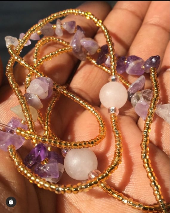 Rose Quartz Amethyst Crystal Waist bead; Chakra Waist bead; Spiritual Waist Bead; Waist Chain; Belly Beads; Tie on waist beads; black owned;