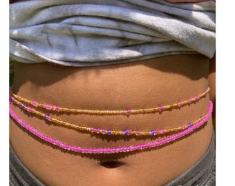 Waist Bead Set Pink,Purple,Gold;Wearable Art; Belly Beads; plus size belly necklace; waist chain with clasp; beach jewelry gift for her