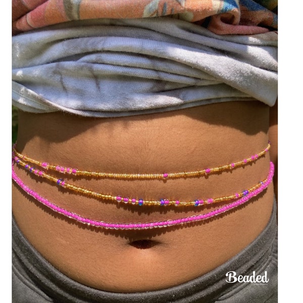 Waist Bead Set Pink,Purple,Gold;Wearable Art; Belly Beads; plus size belly necklace; waist chain with clasp; beach jewelry gift for her