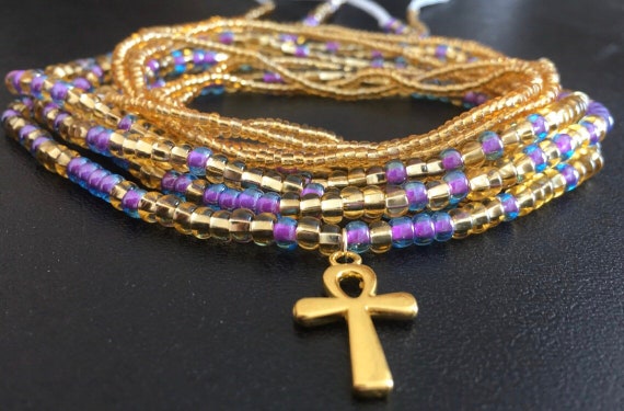 1 Purple and 1 Gold Waist Bead with Ankh Charm