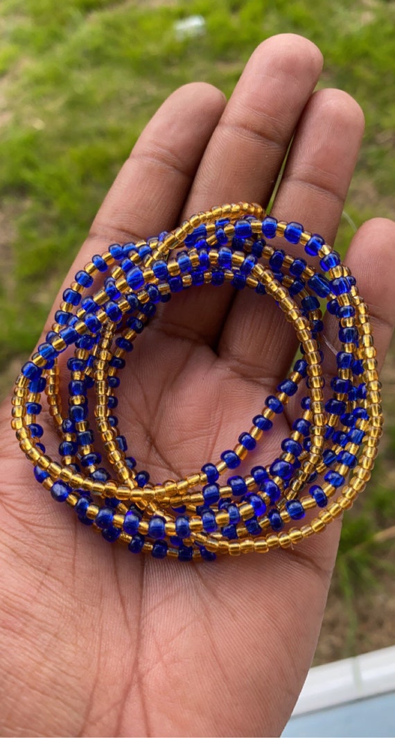 Blue and Gold Waist Bead Set; Tie on waist bead; clasp; plus size waist bead; African waist bead