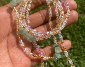 Prosperity Waist Bead| Money Waist Beads| Crystal Waist Bead| Aventurine Heart Chakra Pink Waist Bead| Green Tie on Waist Chain with clasp|