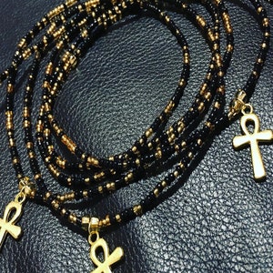 African Waist Bead; spiritual waist bead; ankh charm waist bead; black and gold tie on waist bead;plus size waist bead;waist bead clasp