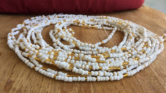 White and Gold Waist Bead; Tie on Waist Bead; Stretch Waist Bead; Plus Size Waist Bead; Waist Chain