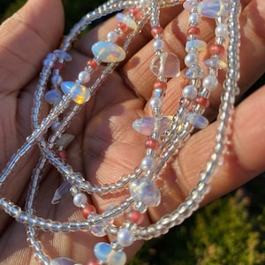 Opalite Pearl Chakra Waist Beads with Crystals | African Tie on Beads for Woman| Waist Chain Clasp | Belly Beads| Gift from Black Owned Shop