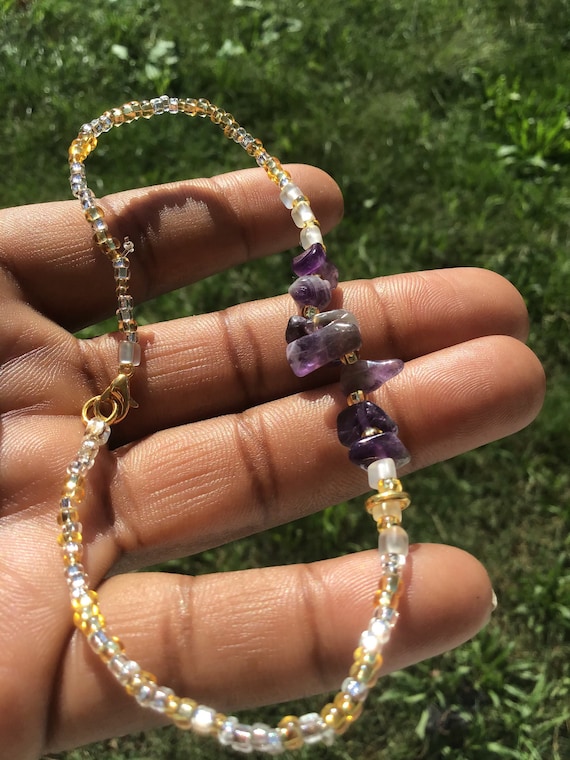 Anklet with Amethyst Crystals; Healing jewelry ; gift for girlfriend ; black owned shop