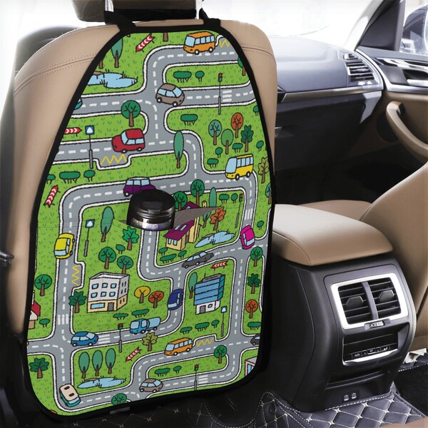 Organisateur et protecteur de siège d'auto, organisateur de siège d'auto design de jouets de voitures Kids Roads avec porte-gobelet, organisation intérieure d'accessoires de voiture mignons