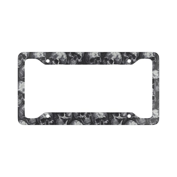 License plate frame goth with Black and white hand drawn grunge skulls print, Gothic car decor License Plate Frame, cute car accessories