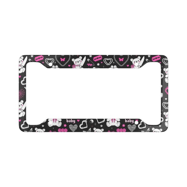 Trendy emo goth License Plate Frame, Y2k pink goth car accessory license plate cover 2000s style bear chain heart tattoo License Plate Frame