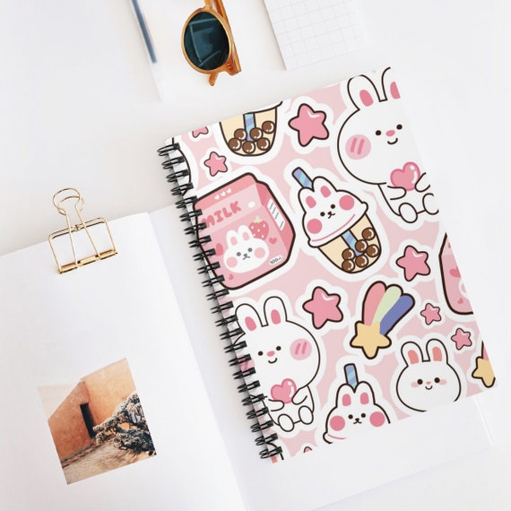 Pastel Kawaii Spiral Notebook Cute Rabbit, Milk, Bubble Tea, Rainbow, Star  Cartoon Print Pink Kawaii Spiral Notebook Aesthetic Notebook 