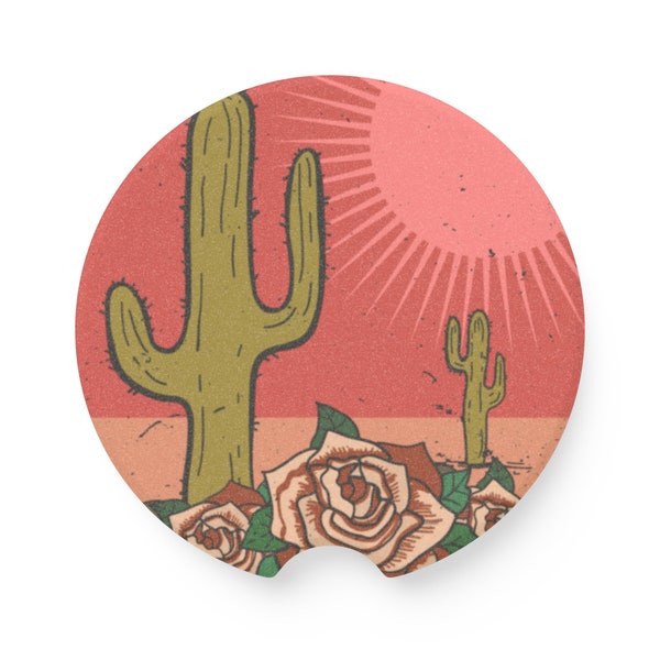 Gift for Her New Car - Western Red Coasters, Stylish Car Decor vintage style design with desert, cactus roses cute car interior accessories