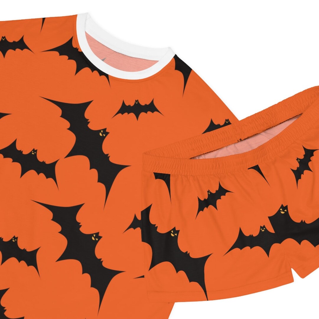 Orange Bat Pajamas, Custom Printed Black Bats Women's Short Pajama Set