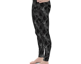 Men's Leggings Black Polygon Geometric Pattern, Men's Athletic Leggings Made in USA