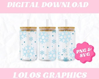 Winter Snowflakes Libbey Glass 16oz Cup Wrap SVG, Snowflakes Cup Wrap PNG, Libbey SVG Designs