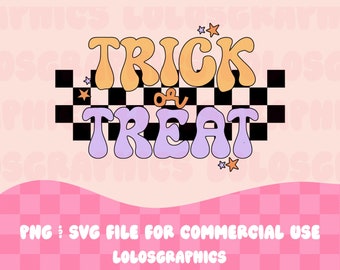 Retro Checkered Trick or Treat Halloween SVG PNG Design, Halloween Retro SVGs, Halloween Tshirt Designs