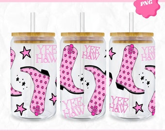 Pink Western Cowgirl Boots Libbey Glass 16oz Cup Wrap SVG, Western Cup Wrap PNG, Libbey SVG Designs