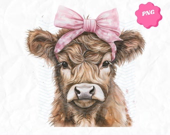 Highland Cow with Pink Bows Watercolor PNG Design, Highland Cow Sublimation PNG, Cute Country Bows PNG
