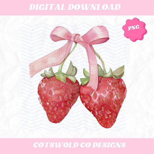 Strawberries Bow Coquette PNG Sublimation Bow Strawberry Clipart Design Fruit Bow Trend Watercolor Design PNG Sublimation