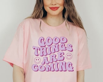 Good Things Are Coming Wavy Smiley PNG | Sublimation Smiley Design | Purple Smiley | Trendy Wavy Text PNG
