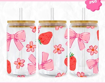 Bow and Strawberries Libbey Glass 16oz Cup Wrap SVG, Coquette Cup Wrap PNG, Libbey SVG Designs