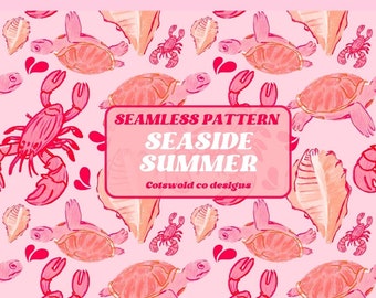 Summer Watercolor Pink Seamless Pattern, Sealife Seamless Pattern, Aesthetic Patterns PNG