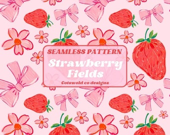 Strawberry Bows Aesthetic Seamless Pattern, Coquette Seamless Pattern, Strawberry Seamless Pattern