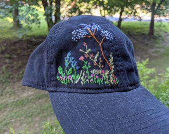 Hat, baseball cap, hand embroidered flowers