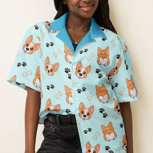 Cute Red & White Pembrooke Welsh Corgi Unisex Button Up Shirt Anime Pet Lover Dog Puppy Gift Collared Kawaii Fawn Tan Bone Baby Blue
