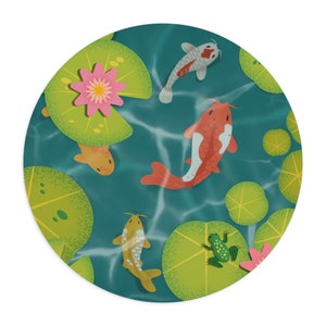 Cute Koi Fish Pond Mouse Pad Circle Kawaii Anime Japan Gaming Desk Aesthetic Botanical Plant Accessories Cartoon Green Gamer Mat Japanese