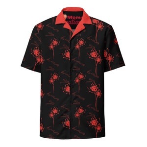 Red Spider Lily Unisex Button Up Shirt Anime Japanese Design Gothic Alt Red Black Pattern Lycoris Radiata Corpse Flower Higanbana