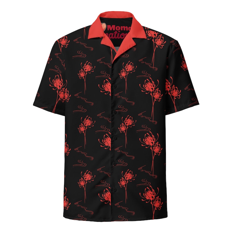 Red Spider Lily Unisex Button Up Shirt Anime Japanese Design Gothic Alt Red Black Pattern Lycoris Radiata Corpse Flower Higanbana