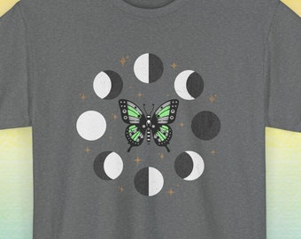 Subtle Aro Butterfly Moon Phases Graphic Tee Shirt aromantic Crew Neck Queer LGBTQ Community Proud Pride Flag LGBTQIA witchy