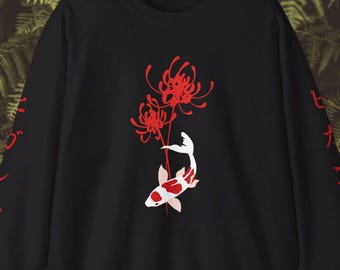 Red Spider Lily Unisex Heavy Blend Crewneck Sweatshirt Anime Japanese Design Koi Fish Black Pattern Lycoris Radiata Corpse Flower Higanbana