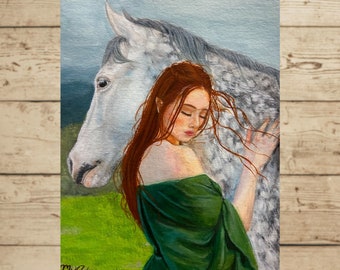 Elven Women With Gray Dappled Horse Matte Poster Print Original Artwork Forestcore Cottagecore Fairycore Living Room Bedroom Wall Decor