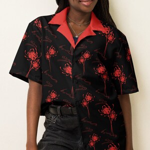 Red Spider Lily Unisex Button Up Shirt Anime Japanese Design Gothic Alt Red Black Pattern Lycoris Radiata Corpse Flower Higanbana