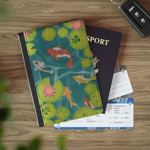Koi Fish Pond Passport Cover Whimsy Anime Aesthetic Frog Lilypad Plant Lover gift Travel Wallet Accessories World Fairy CottageCore Japan
