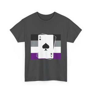 May include: A dark heather grey t-shirt with a graphic of the ace of spades card on top of the asexual pride flag.