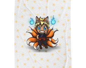 Anime Chibi Character Plush Blanket Merch Kitsune Nine Tails Fox Spirit Kawaii Stuff Gift For Otaku Original Artwork Sun Design Japanese
