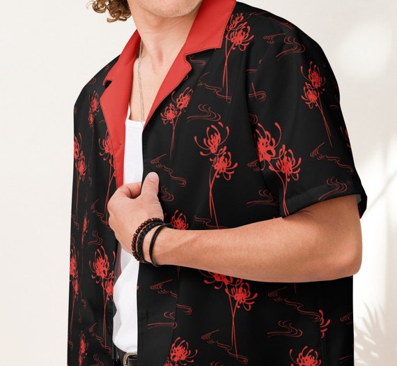Red Spider Lily Unisex Oversized Button Up Shirt Anime Japanese Design Gothic Alt Red Black Pattern Lycoris Radiata Corpse Flower Higanbana