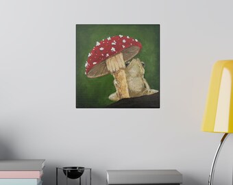 Frog Under Red Cap Mushroom Matte Canvas Stretched Print of Original Artwork CottageCore Fairycore GoblinCore Gift Wall Art Home Decor Room